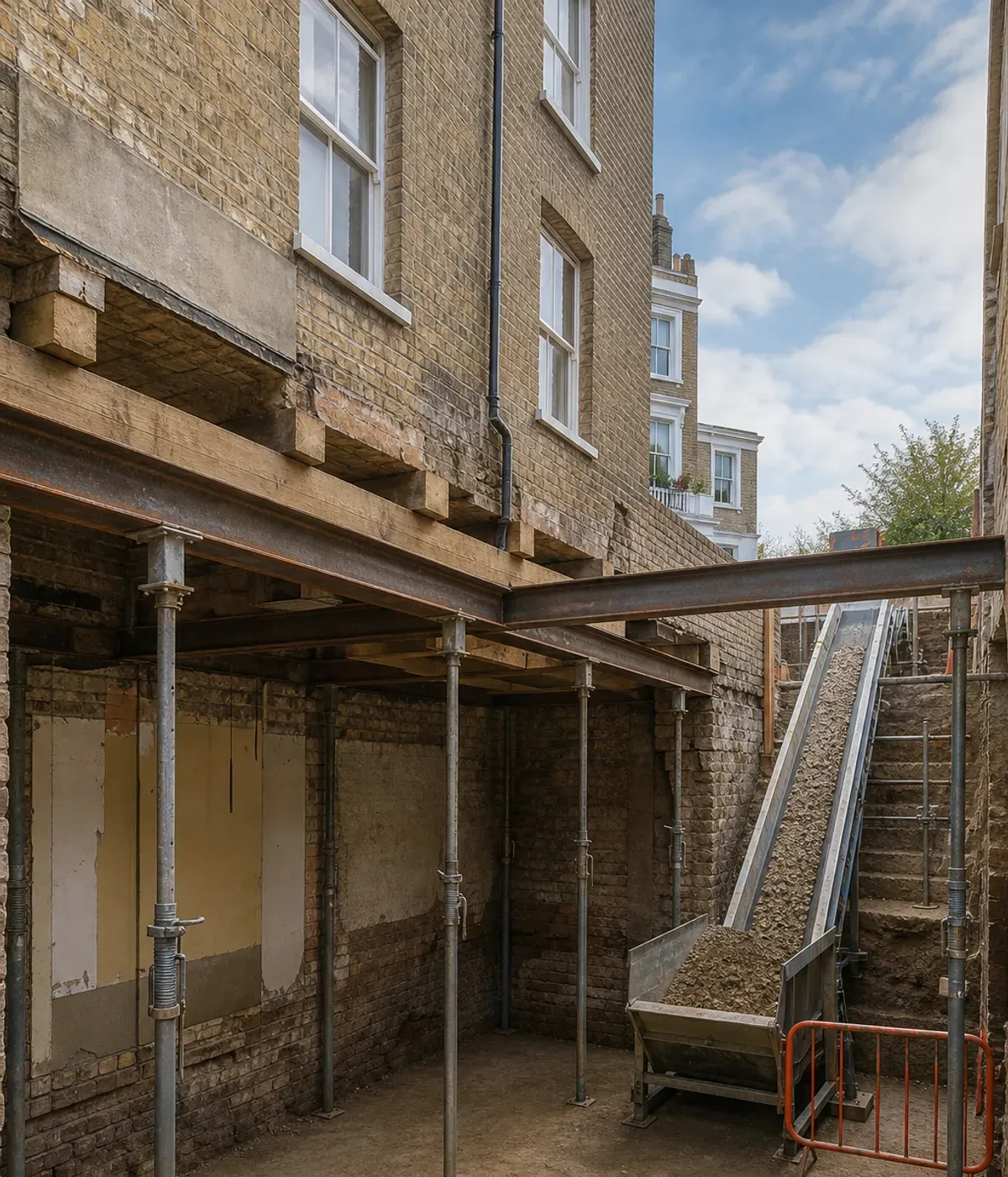 Basement dig out beneath a London terraced house, with steel props supporting the walls and a spoil conveyor rising to street level