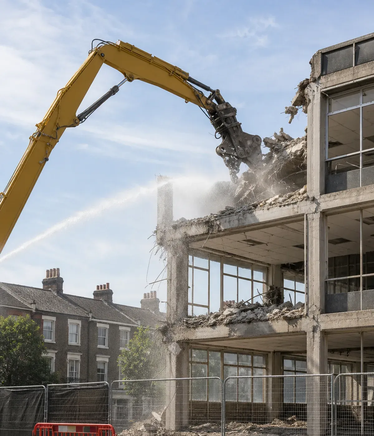 Long-reach excavator with demolition shears taking down the top floor of a concrete-framed office block, with water spray damping the dust