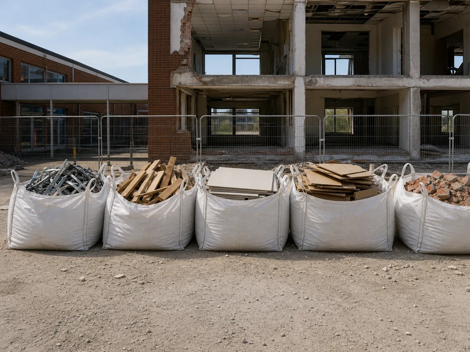 Row of bulk bags each holding one sorted material: scrap metal, timber, plasterboard, cardboard and brick
