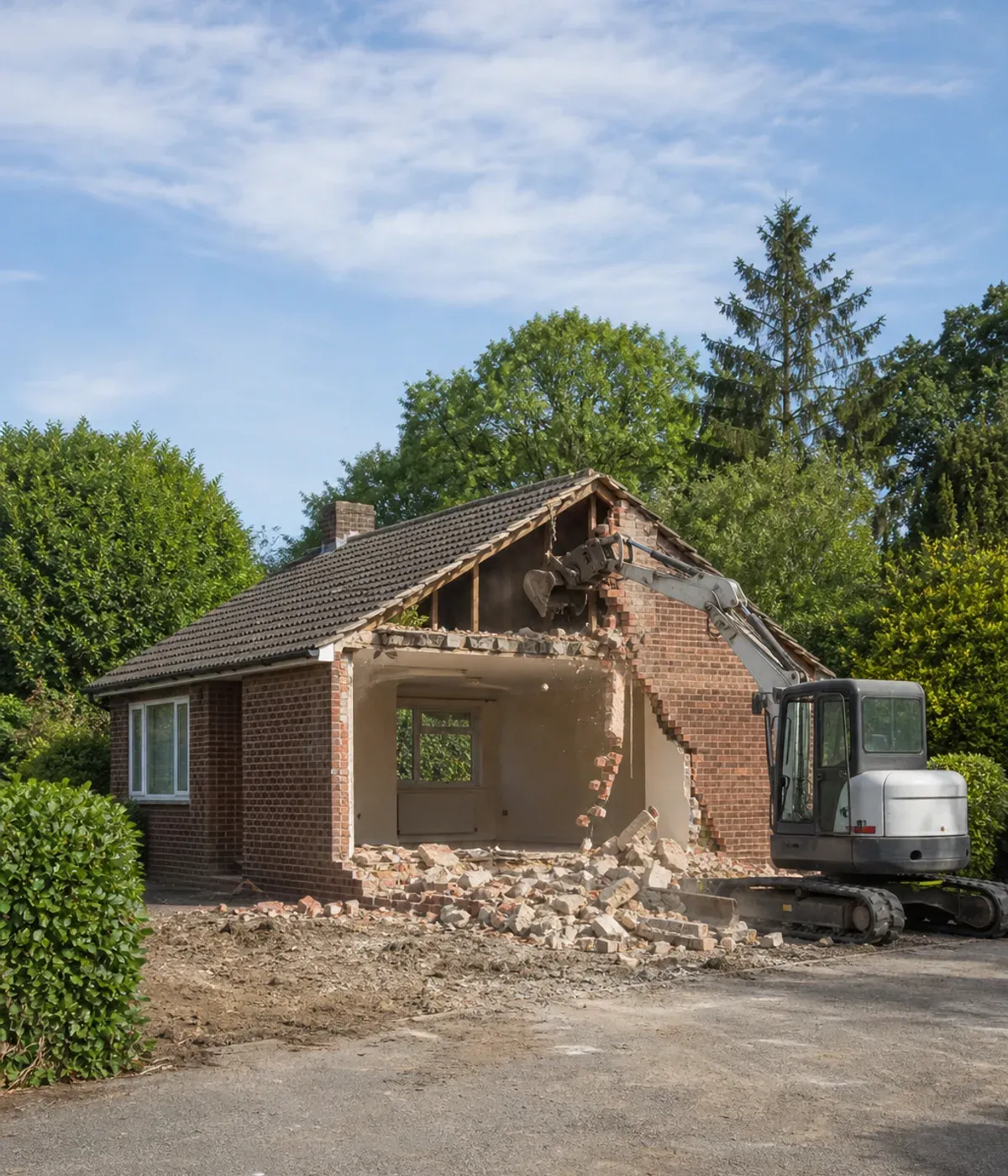 Mini excavator demolishing a brick bungalow on a plot surrounded by mature hedges and trees