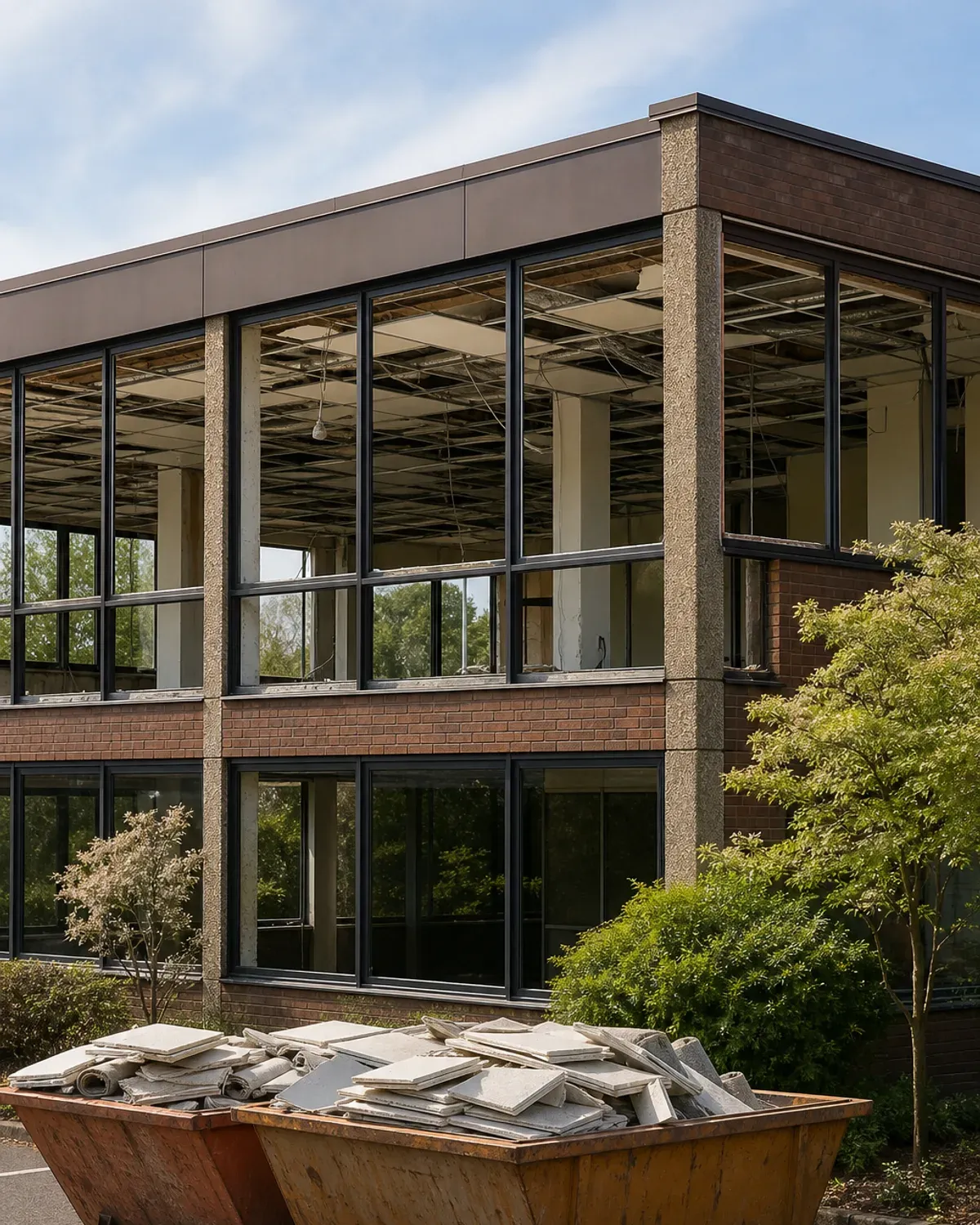 Business-park office building during a soft strip, with skips of ceiling tiles and carpet outside