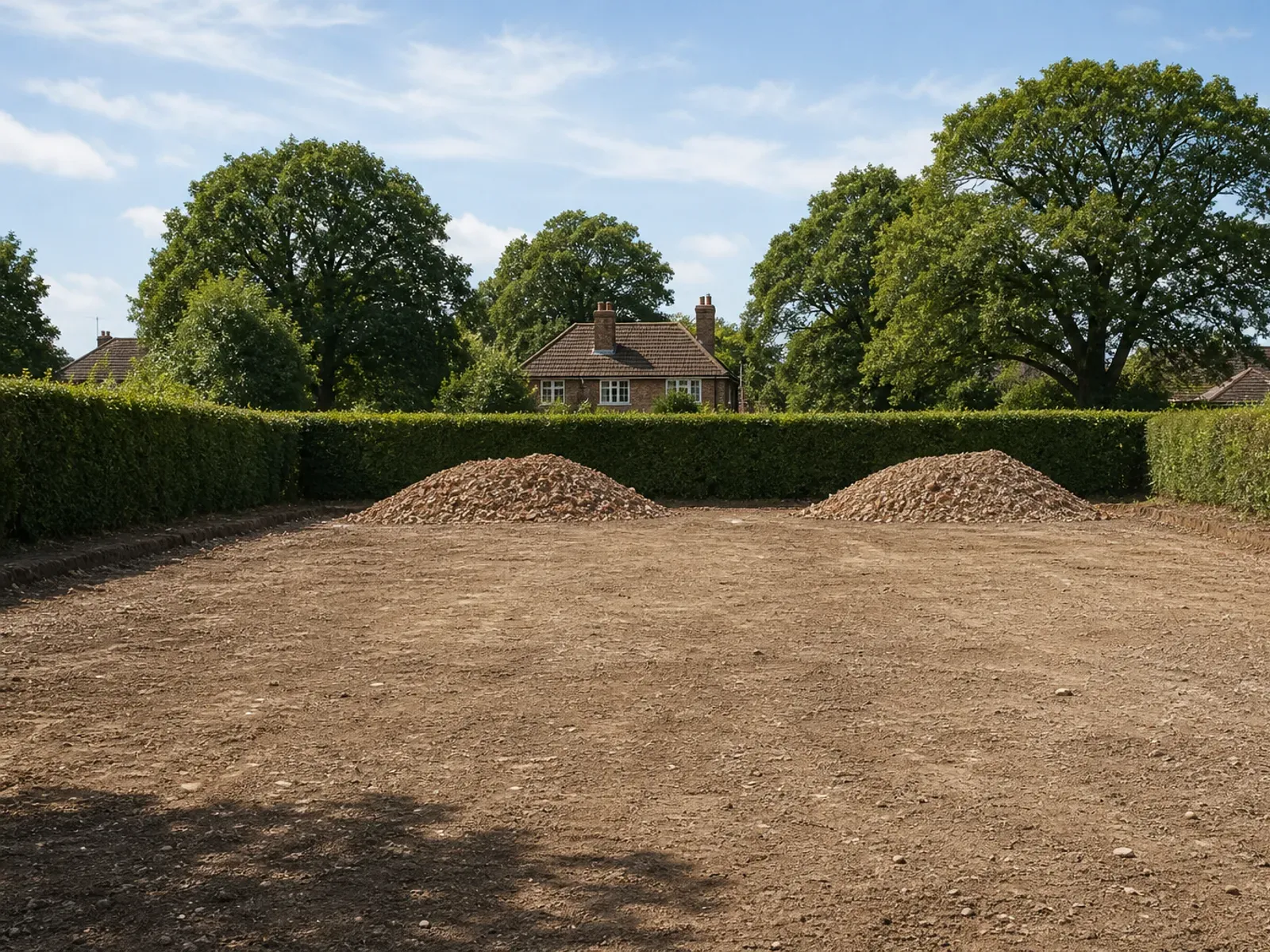 Cleared house plot with two stockpiles of crushed brick, enclosed by a tall hedge and mature oaks