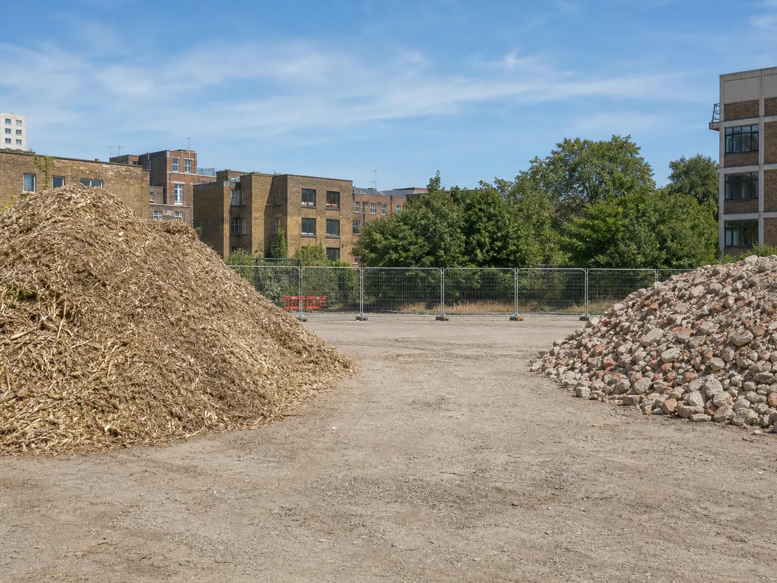 Separate heaps of wood chippings and broken brick hardcore on a cleared site