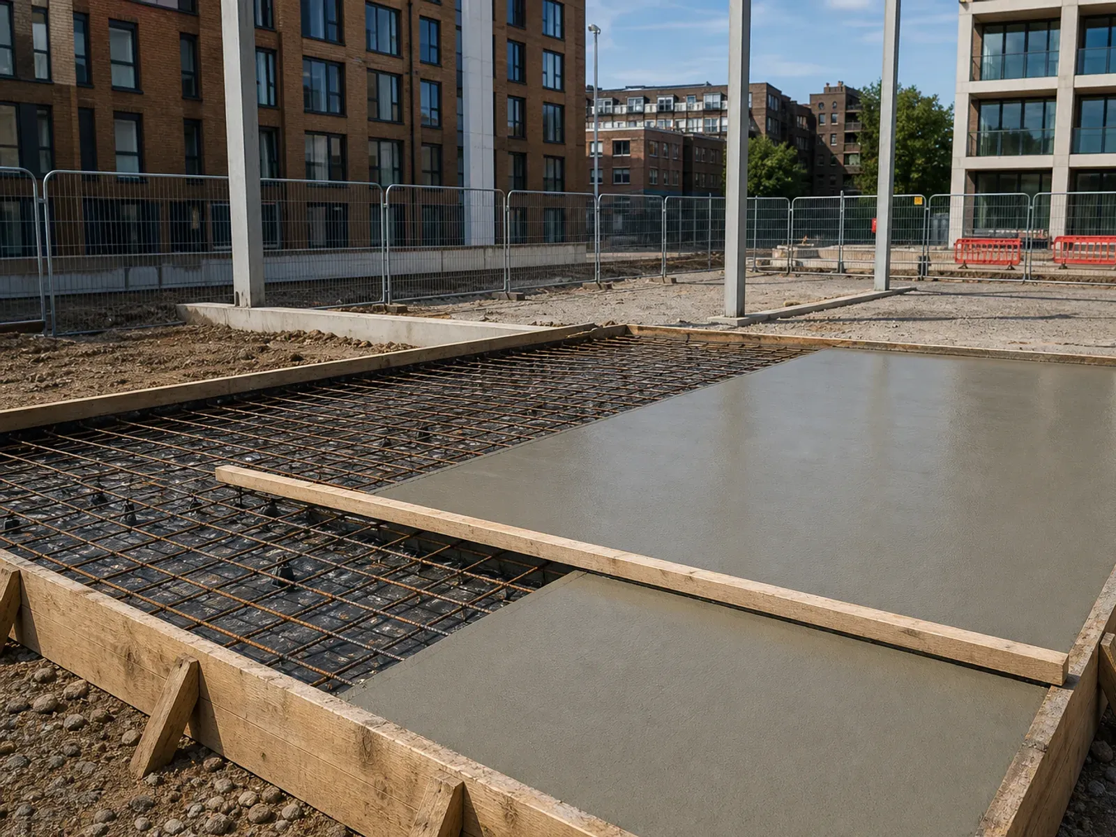 Freshly finished concrete ground slab in timber formwork beside a bay of steel reinforcement mesh