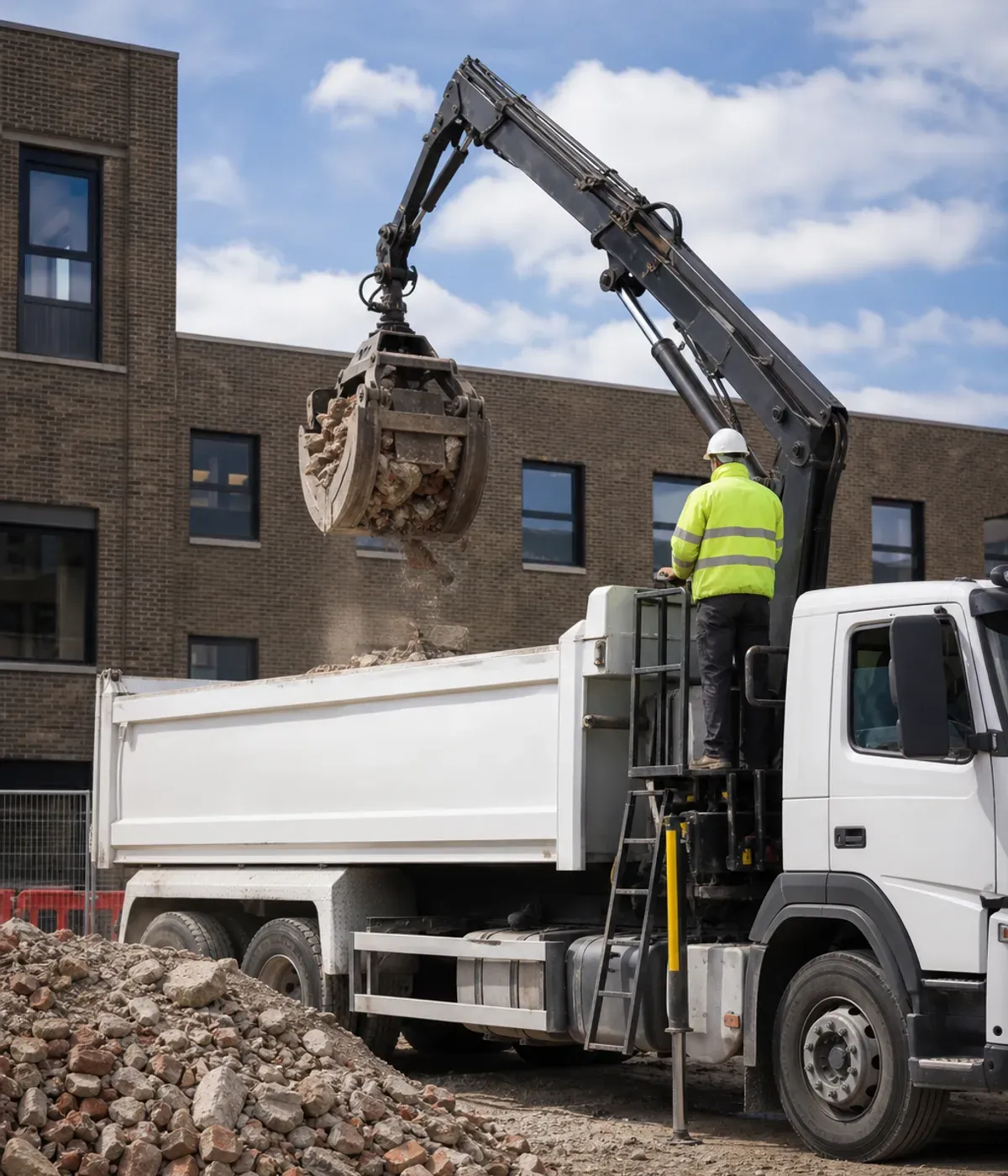 Grab lorry lifting broken brick and concrete from a heap into its tipper body on a building site