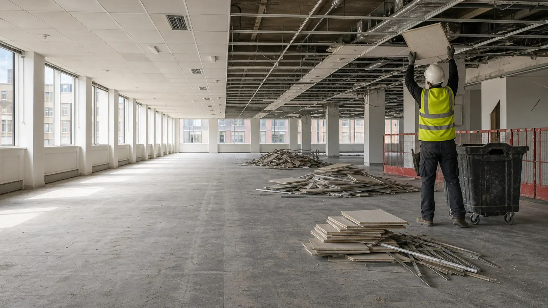 Operative removing suspended ceiling tiles during a commercial office soft strip