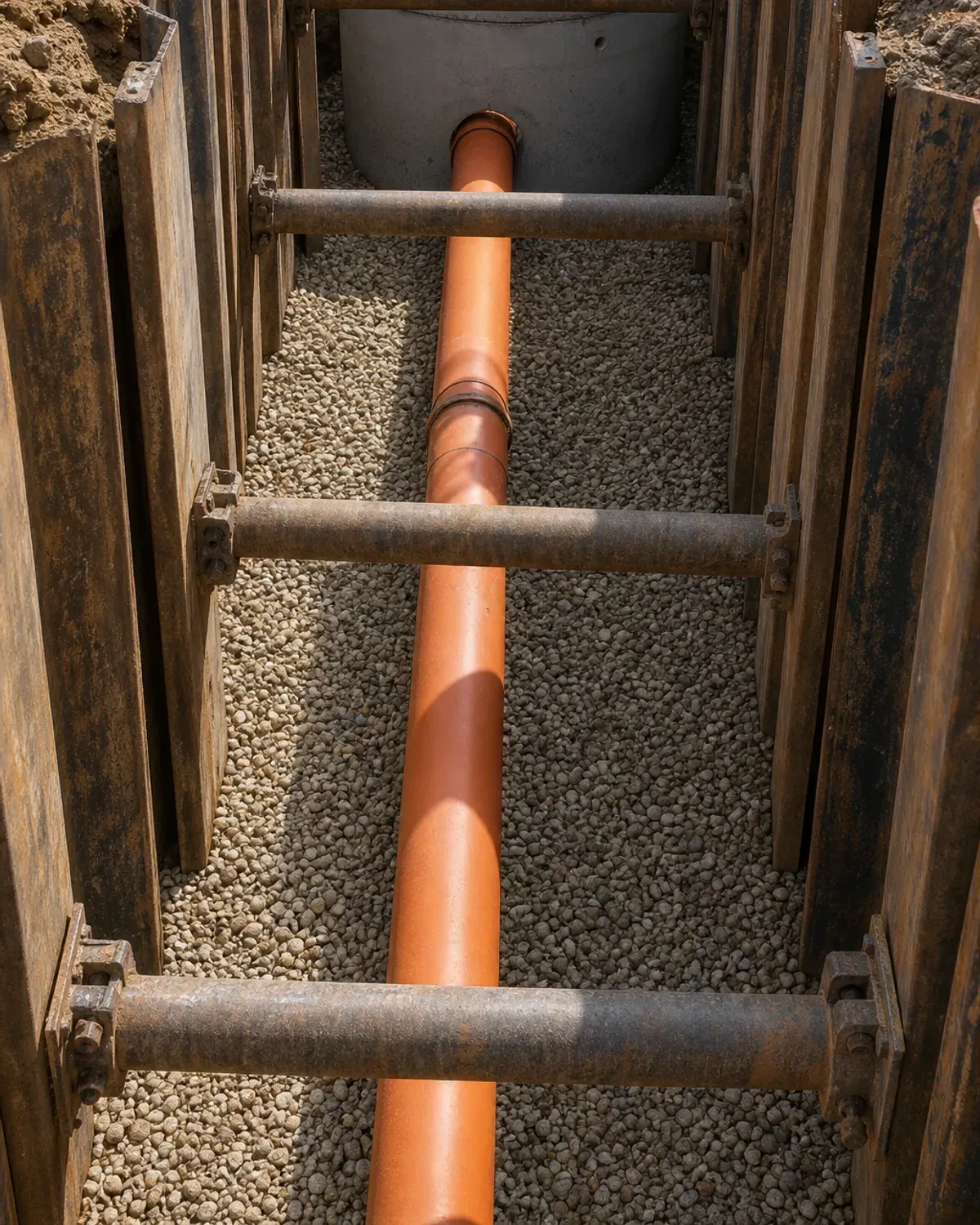 Supported drainage trench with orange pipe bedded in gravel running to a precast manhole chamber