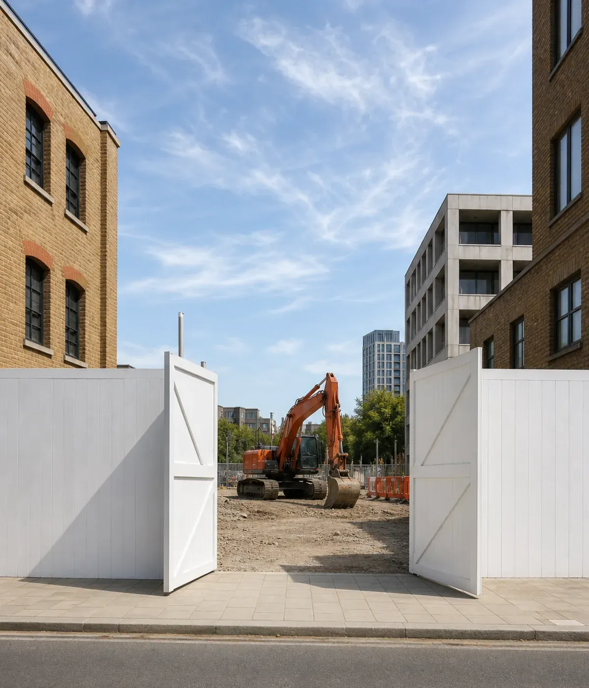 White timber site hoarding with its double gates open onto a prepared plot, an excavator waiting inside