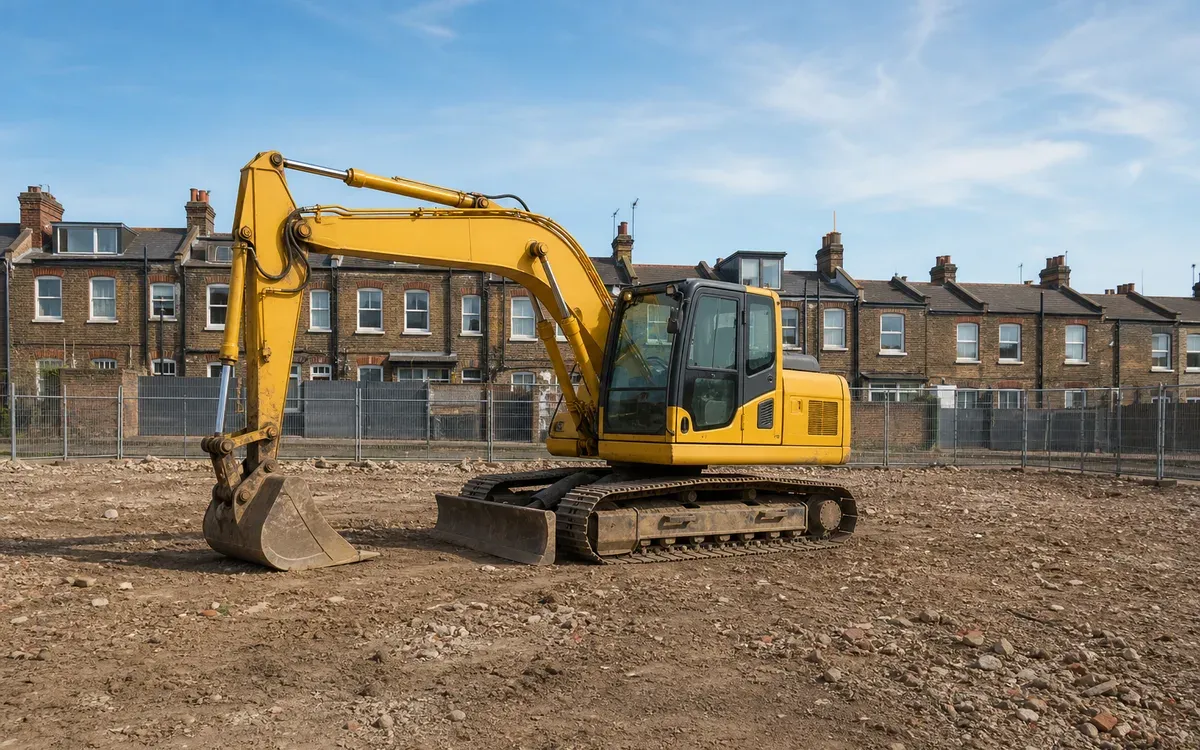 Tracked excavator on a cleared, levelled site behind site fencing