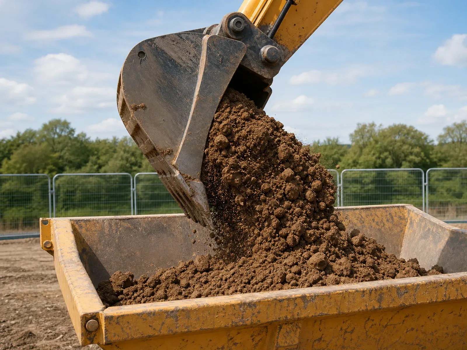 Excavator bucket tipping soil into the skip of a site dumper