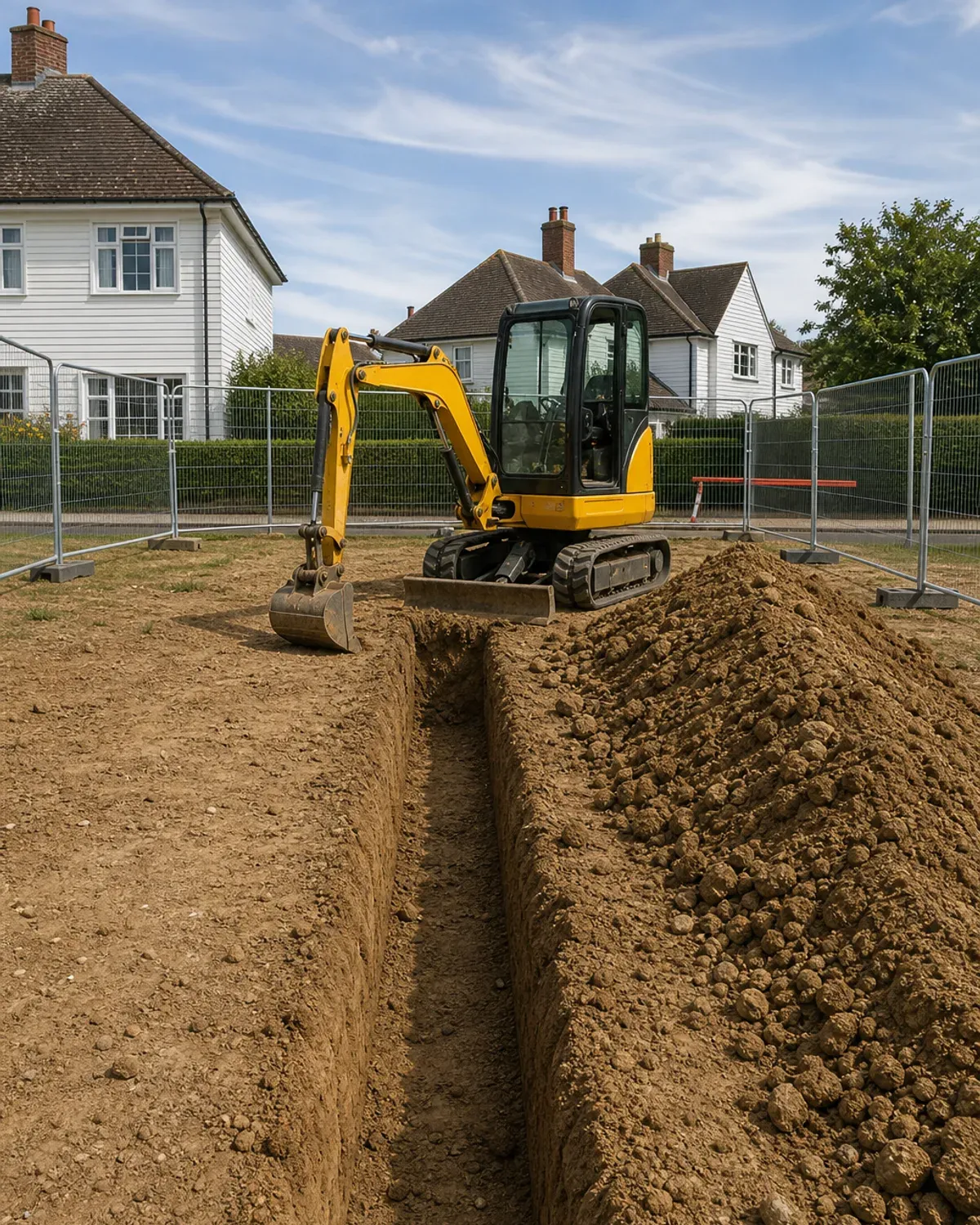Compact excavator digging a foundation trench on a residential plot beside weatherboarded houses
