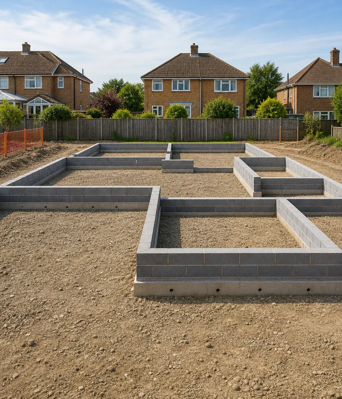 Concrete strip foundations with blockwork footings built up to ground level on a new-build house plot