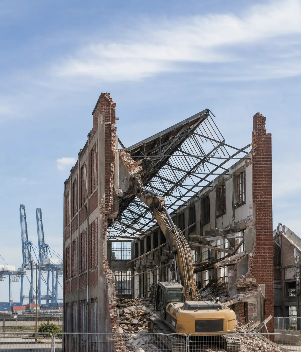 Excavator demolishing an old brick industrial building, its steel roof trusses exposed, with port cranes on the skyline