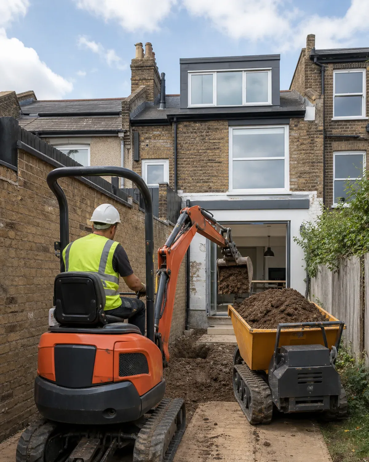 Mini digger loading soil into a tracked dumper in the narrow rear garden of a terraced house
