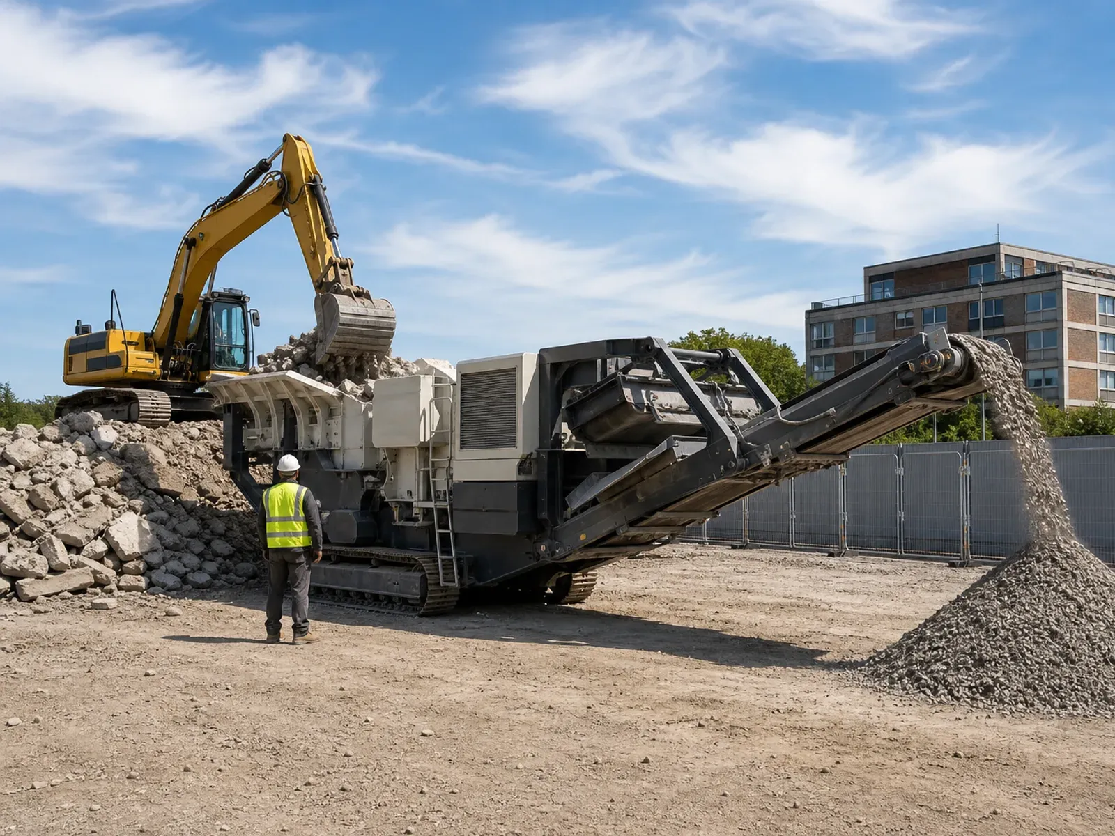 Excavator feeding broken concrete into a tracked mobile crusher, which drops crushed hardcore onto a stockpile