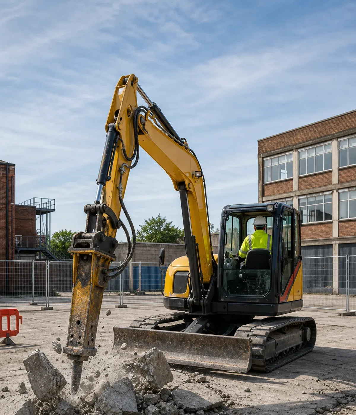 Operator in a midi excavator breaking out a concrete yard slab with a hydraulic breaker