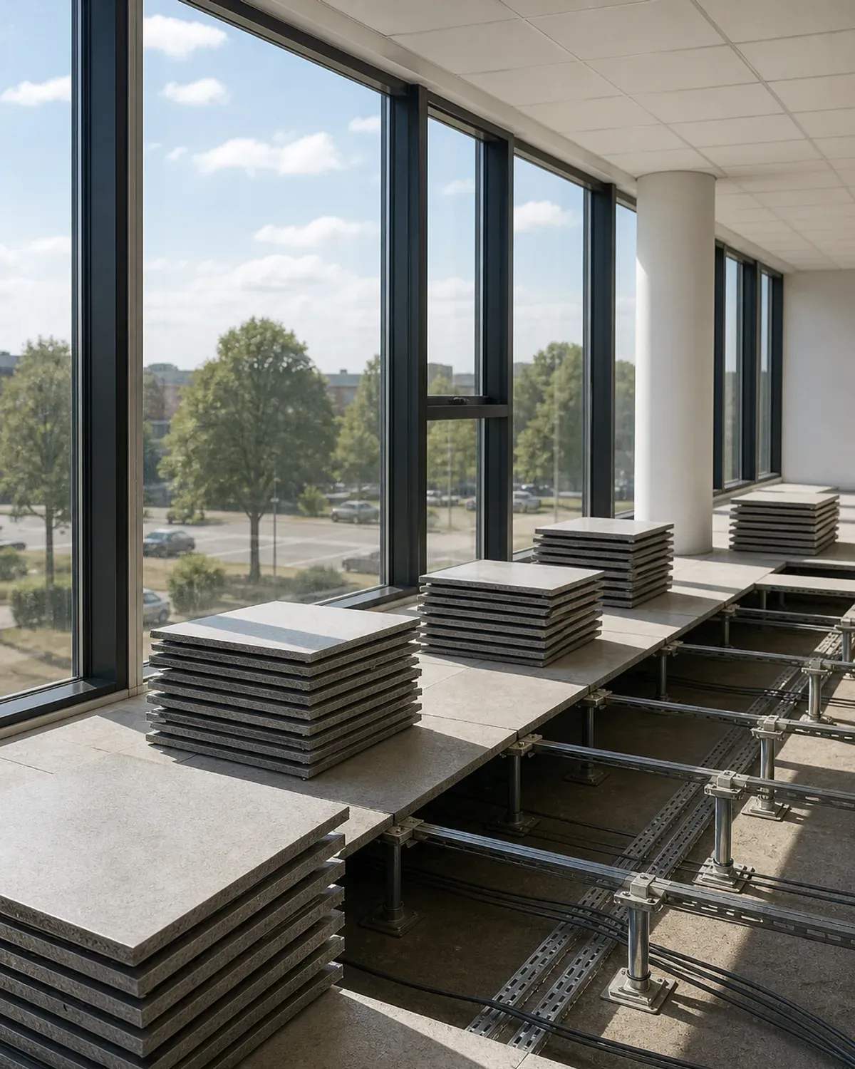 Raised access floor panels lifted and stacked in a business-park office, exposing the pedestals and cable trays