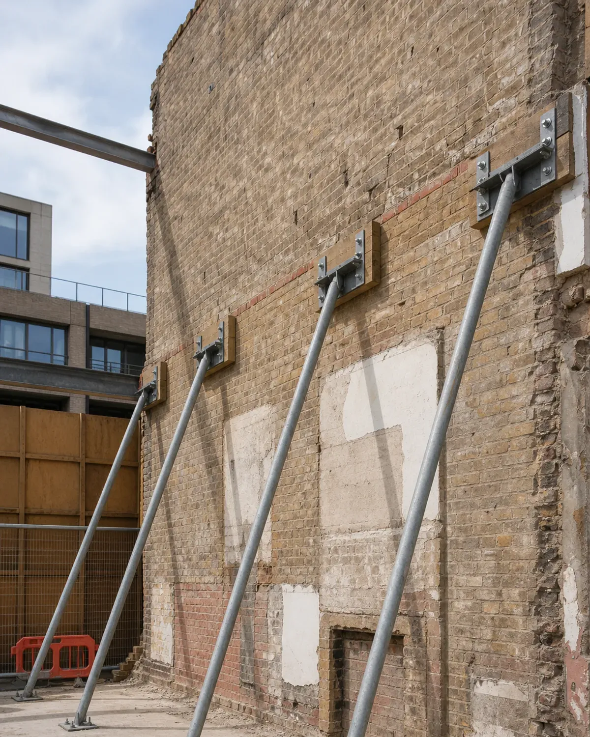Steel raking props bolted to timber wall plates, supporting a retained brick party wall beside a cleared plot