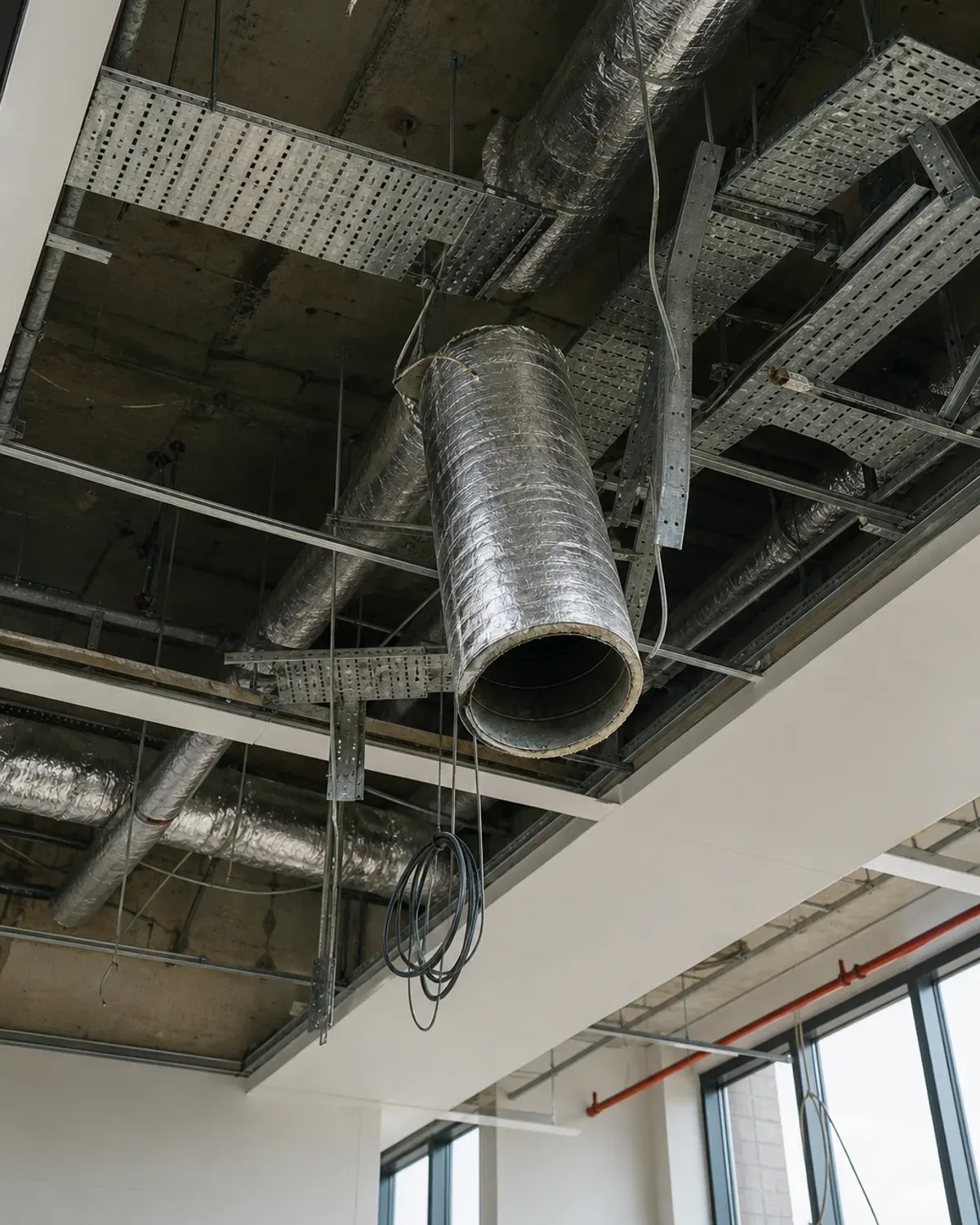 Open ceiling void with redundant ductwork and cable trays partly removed