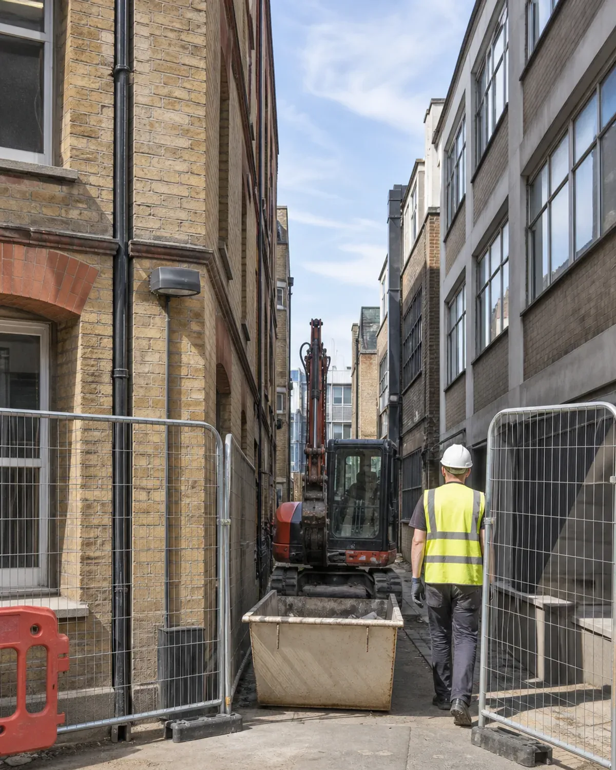 Narrow rear lane between brick buildings fenced off, with a mini excavator and skip