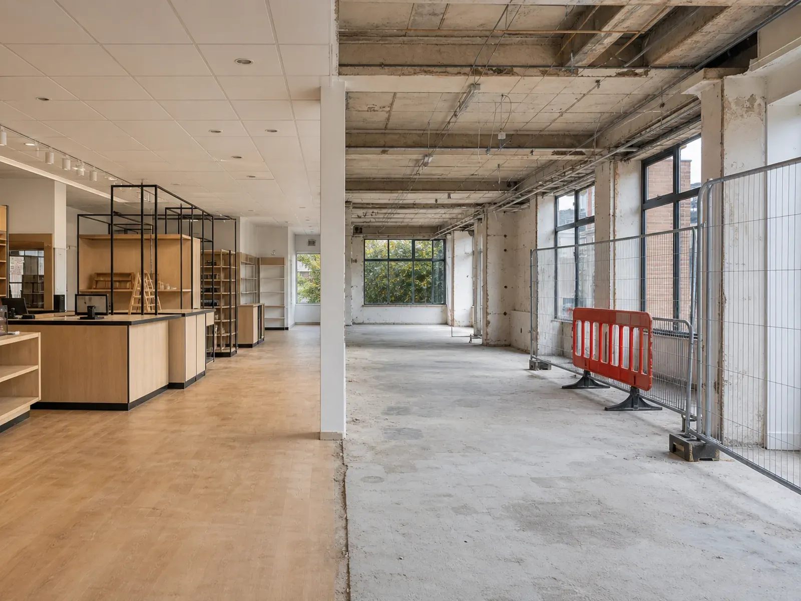 Retail unit half stripped out, showing the old shop fit on one side and bare shell on the other
