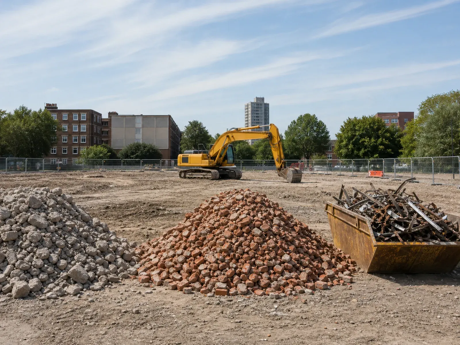 Cleared demolition site with separate stockpiles of crushed concrete, brick and scrap metal