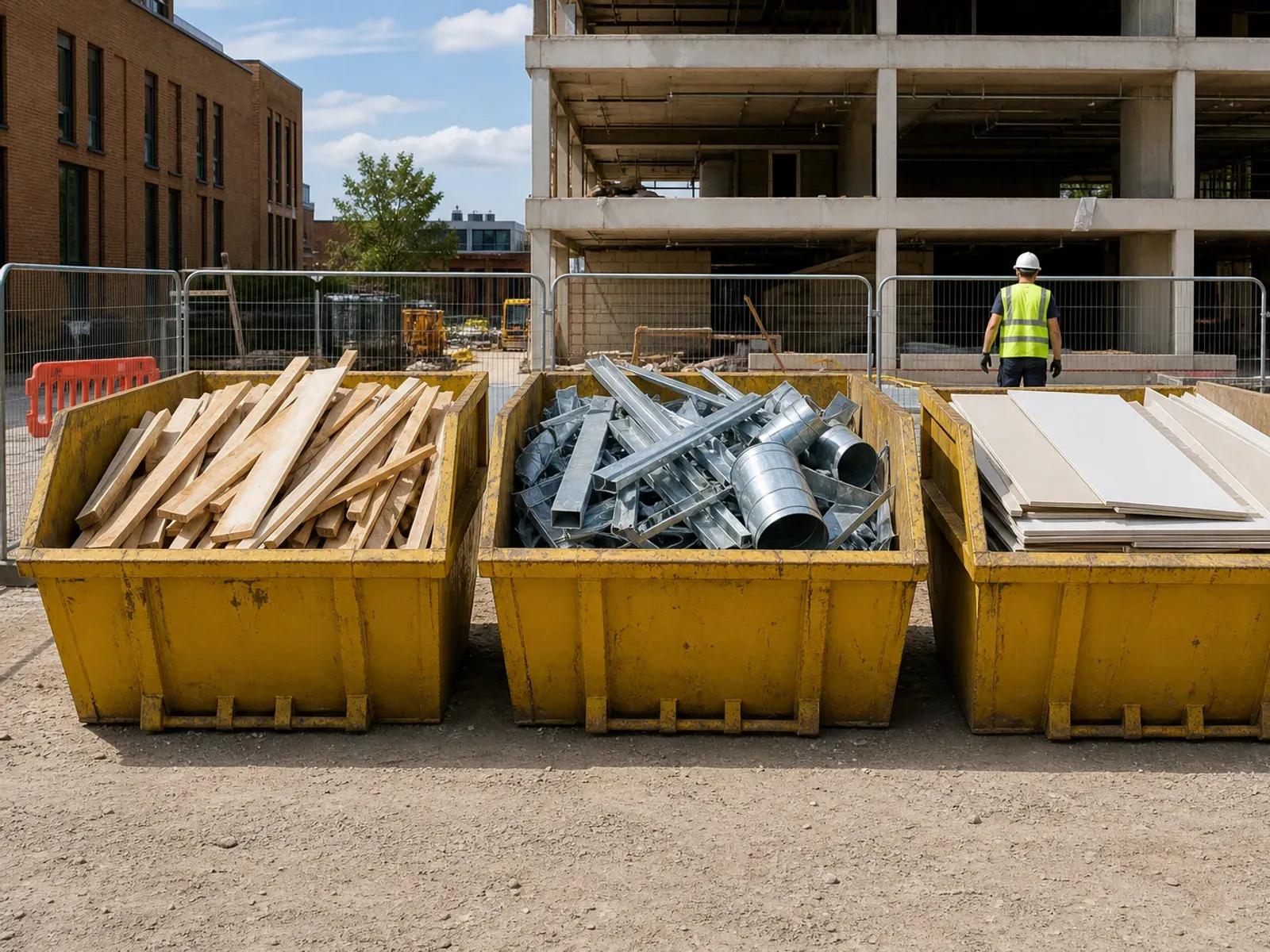 Three skips holding separated timber, scrap metal and plasterboard
