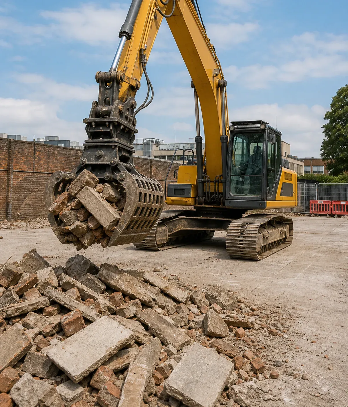 Excavator with a sorting grab lifting broken slabs and brick rubble from a disused commercial yard