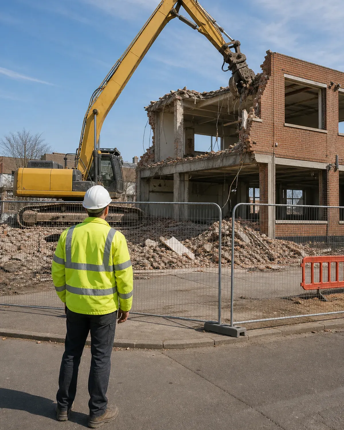 Site supervisor watching a long-reach excavator dismantle a two-storey brick building