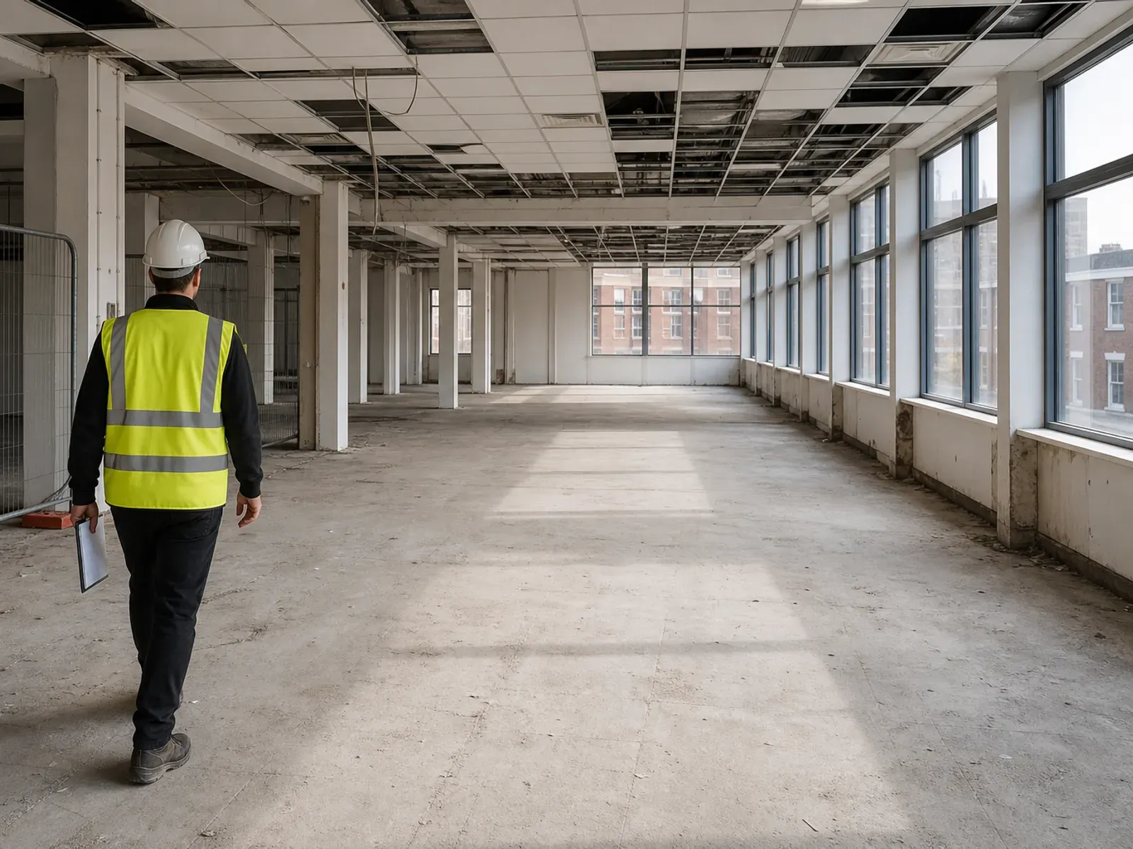 Surveyor in hi-vis walking through an empty commercial building interior holding a clipboard