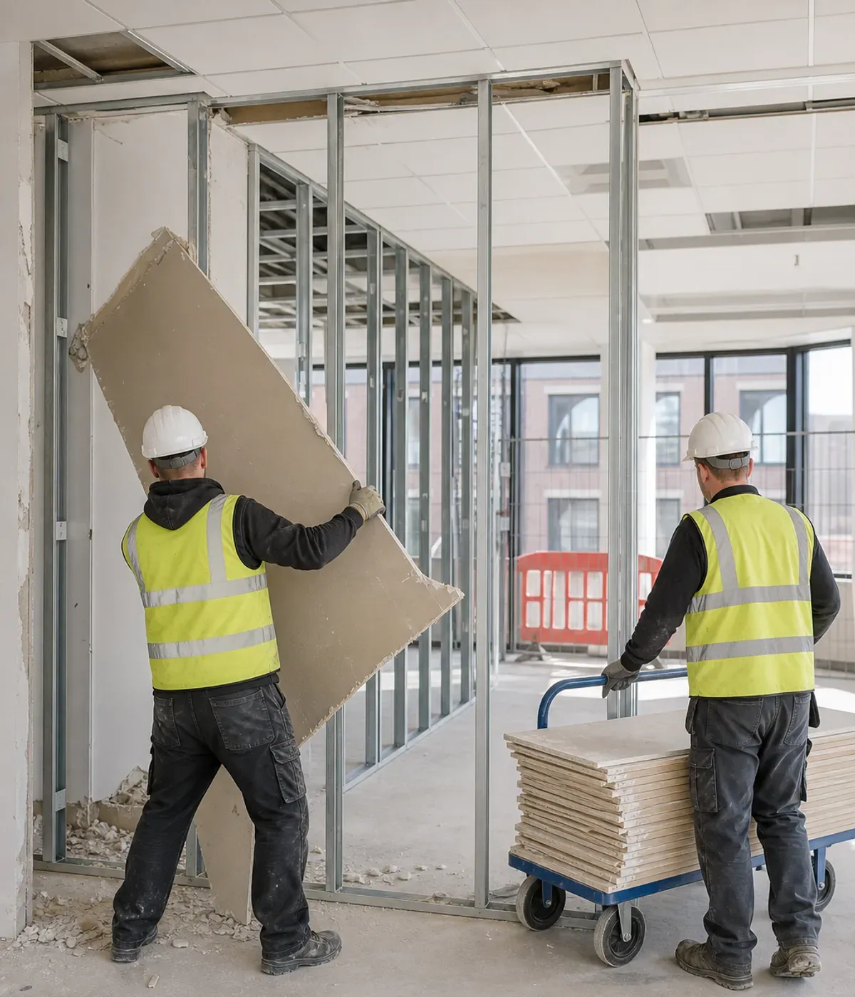 Two operatives removing plasterboard from a stud partition during an office soft strip