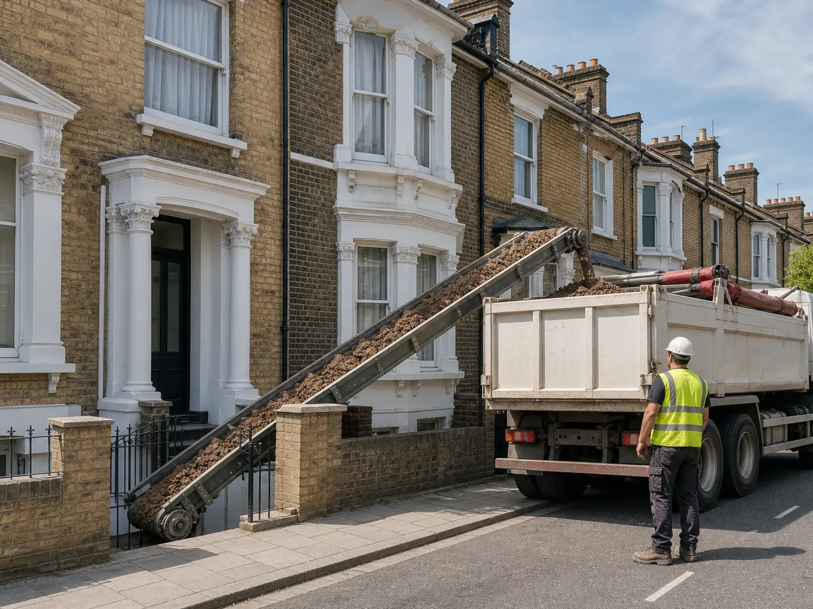 Conveyor carrying spoil from a basement lightwell over the front wall into a grab lorry on a terraced street