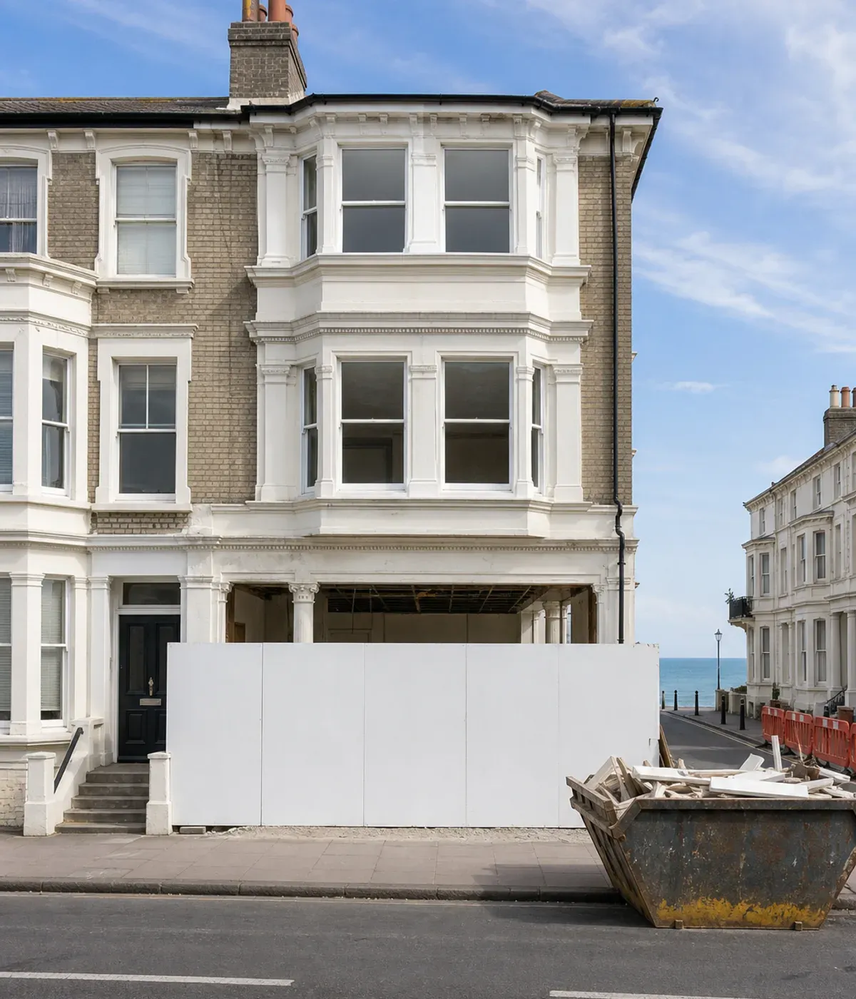Victorian seafront terrace with its ground floor behind white hoarding during a strip-out, the sea at the end of the street