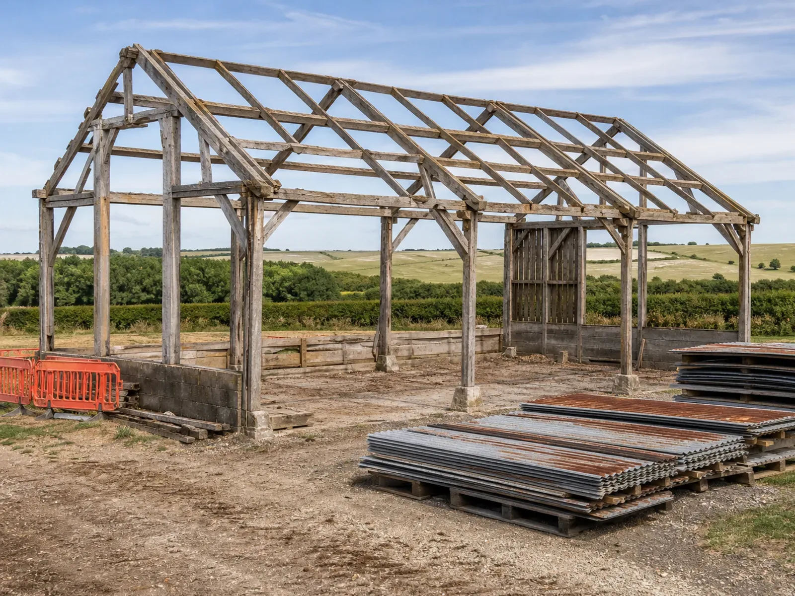 Timber barn frame left standing after its steel roof sheets were removed and stacked on pallets, with downland beyond