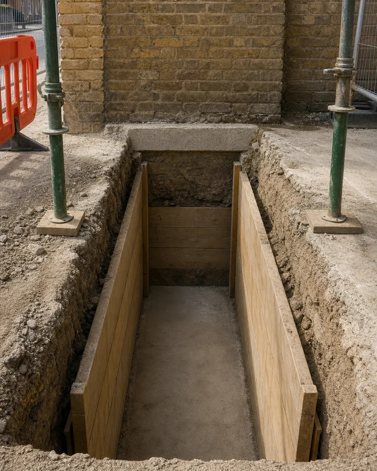 Excavated underpinning pit lined with timber shuttering beneath an old brick wall, with props either side