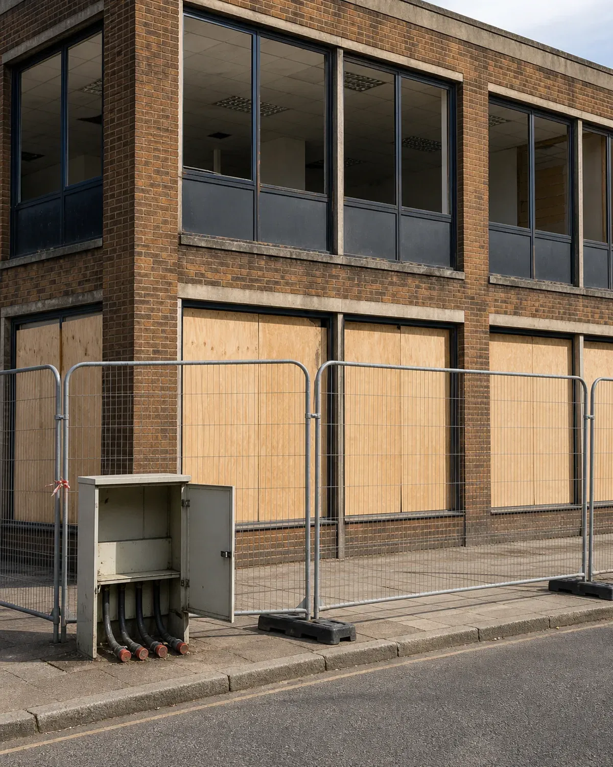 Vacant brick office building behind Heras fencing, ground-floor windows boarded and the meter cabinet open with capped service pipes