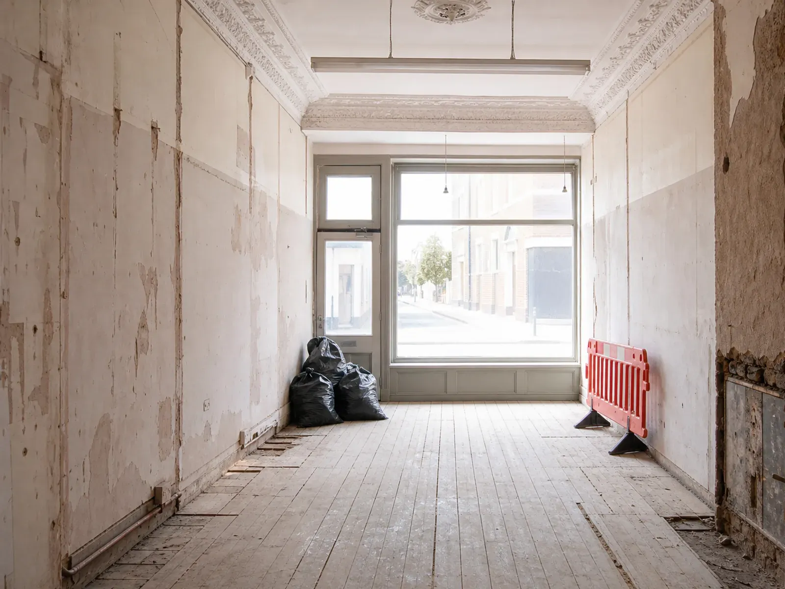 Narrow Victorian shop stripped back to bare floorboards and walls, the ornate cornice kept, waste bagged by the door