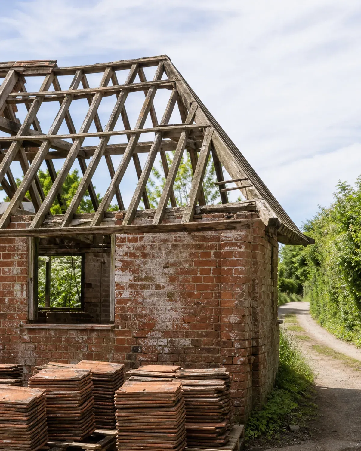 Brick outbuilding stripped back to its roof timbers, with salvaged clay tiles stacked beside a hedged country lane